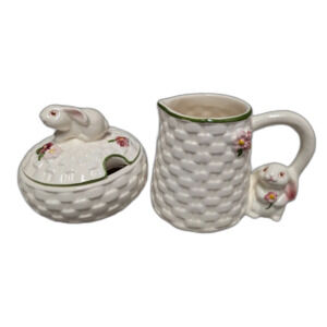 Vintage 1994 Avon Bunny Sugar & Creamer Set - White Basket Weave Easter Rabbit